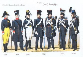 Uniformen des Ehreninvalidencoorps, Druck aus „Geschichte des württembergischen Kriegswesen“ von L. I. von Stadlinger, 1856