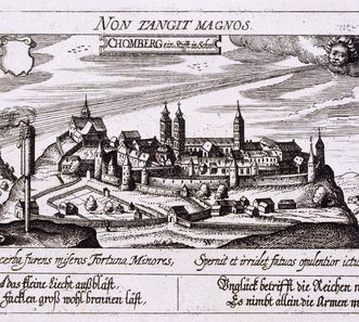 Kloster Klein- und Kloster Großcomburg auf einem Kupferstich von 1630 aus „Politisches Schatzkästlein“ von Daniel Meissner