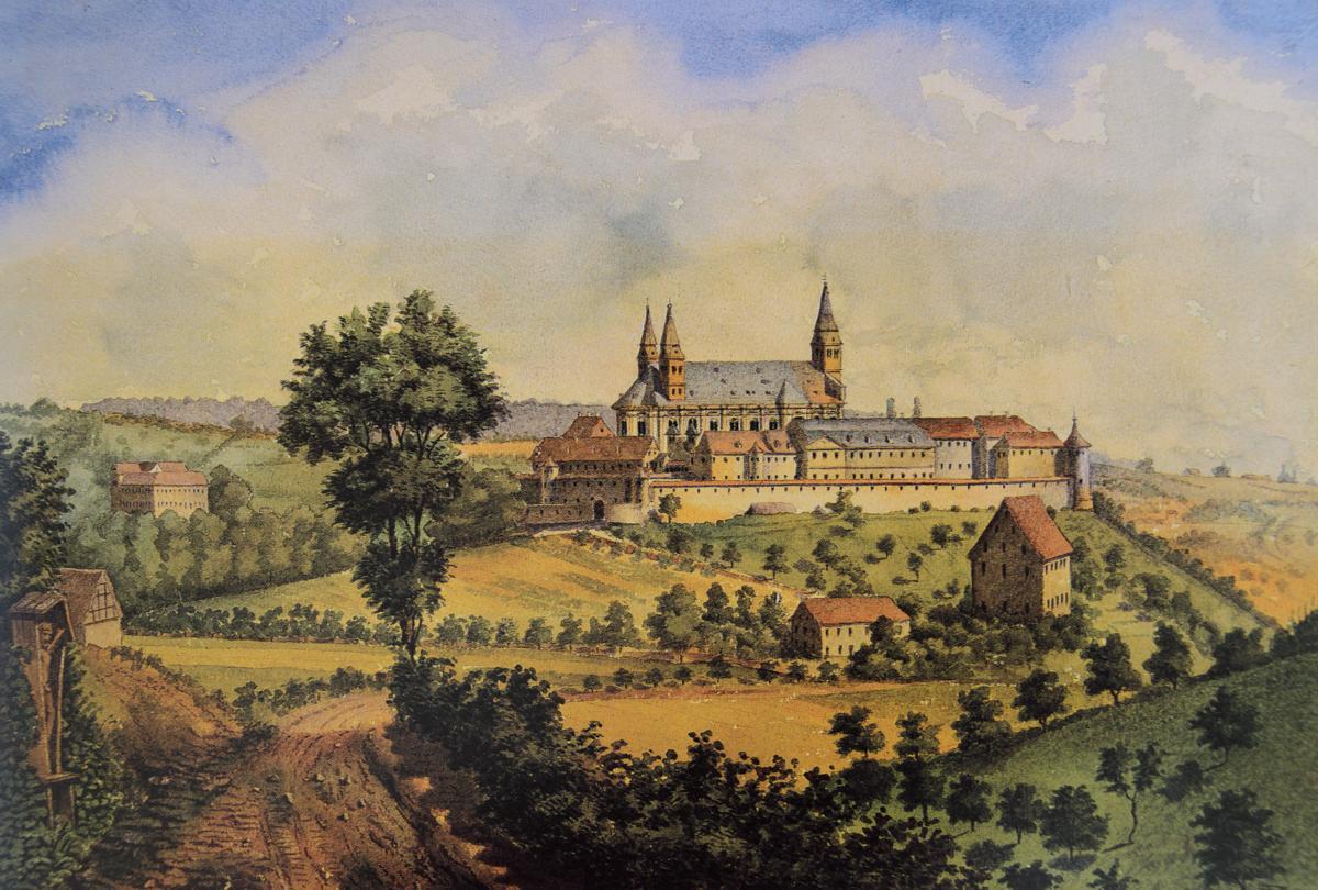 Die Comburg, Aquarell von Johann Friedrich Reik aus dem Jahre 1887, Bild als Dauerleihgabe des Landesmuseums Stuttgart im Hällisch Fränkischen Museum