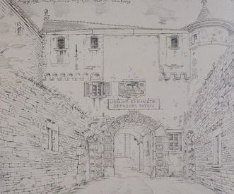 Torhaus der Comburg, Zeichnung von Johann Friedrich Reik aus dem Jahre 1893, Zeichnung als Dauerleihgabe des Landesmuseums Stuttgart im Hällisch Fränkischen Museum