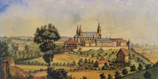 Die Comburg, Aquarell von Johann Friedrich Reik aus dem Jahre 1887, Bild als Dauerleihgabe des Landesmuseums Stuttgart im Hällisch Fränkischen Museum