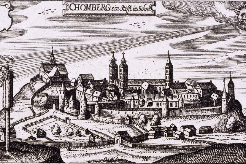 Kloster Klein- und Kloster Großcomburg auf einem Kupferstich von 1630 aus „Politisches Schatzkästlein“ von Daniel Meissner
