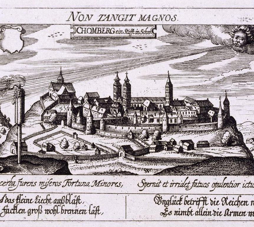 Kloster Klein- und Kloster Großcomburg auf einem Kupferstich von 1630 aus „Politisches Schatzkästlein“ von Daniel Meissner