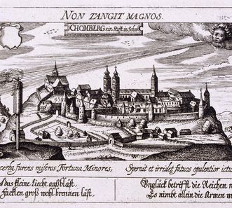 Kloster Klein- und Kloster Großcomburg auf einem Kupferstich von 1630 aus „Politisches Schatzkästlein“ von Daniel Meissner