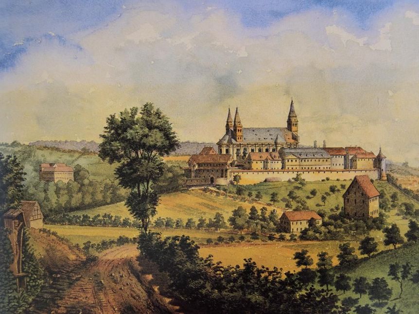 Kloster Großcomburg, Zeichnung von Kloster und Fruchtkasten